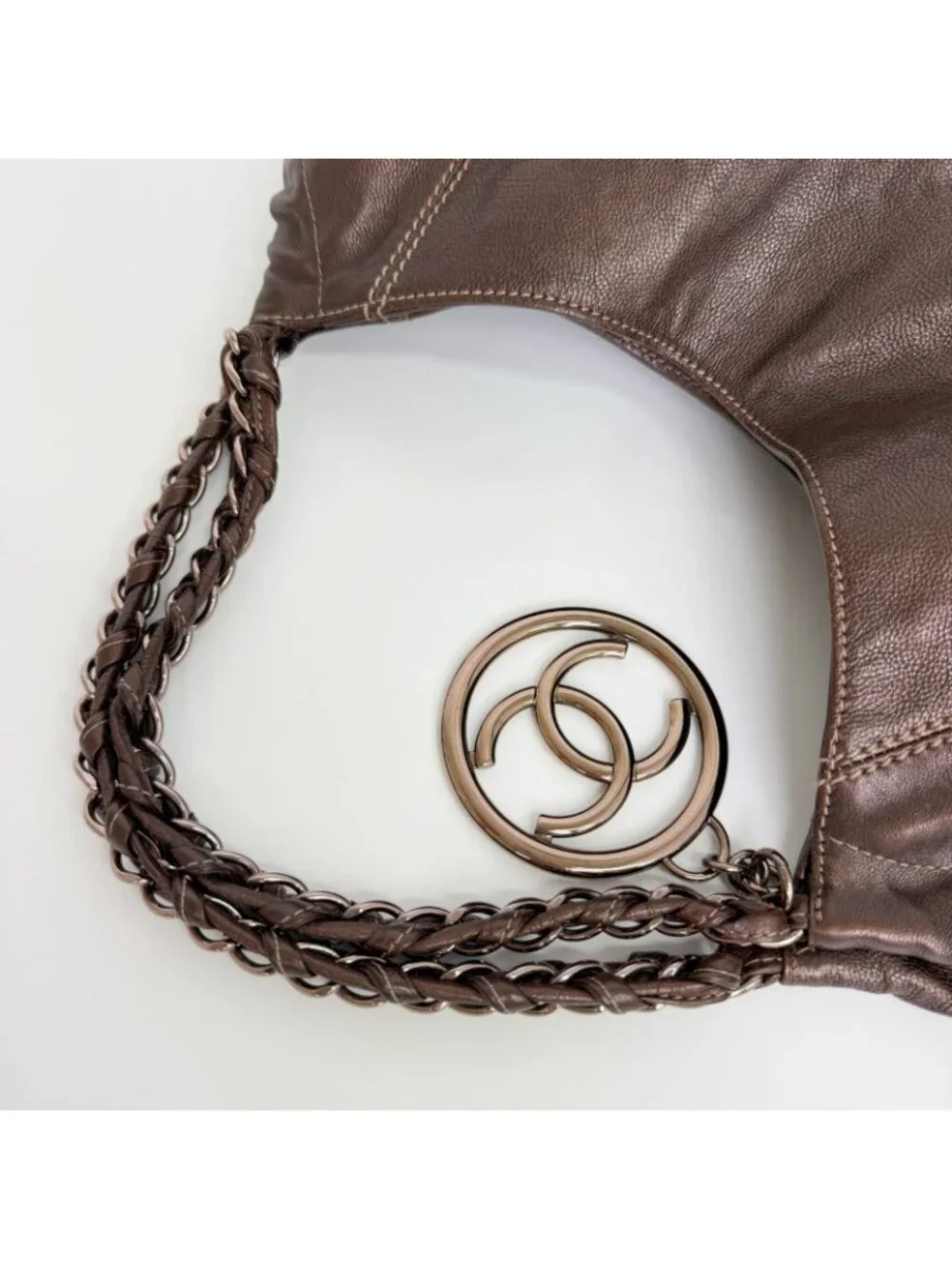 Chanel CC Logo Quilted Chain Tote Shoulder Bag Leather Brown Vintage